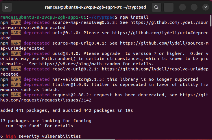 A terminal window showing the Cryptpad install process.