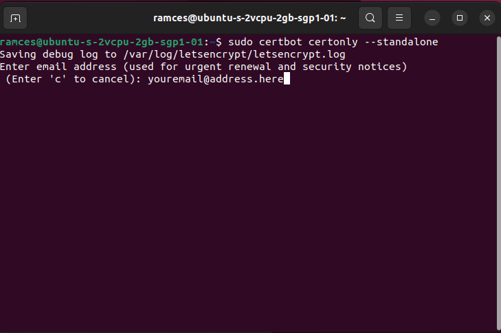 A terminal window showing certbot asking for an email address.