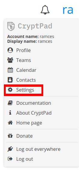 A section of a page that shows the Cryptpad user menu.