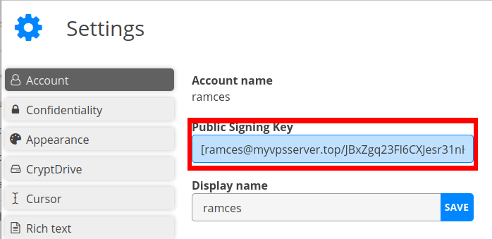 A section of a page that shows the public key for my user account.