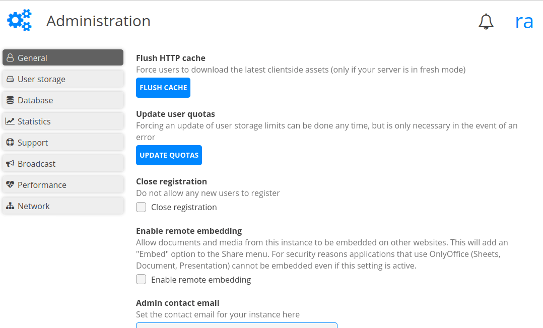 A page that shows the basic Cryptpad admin screen.