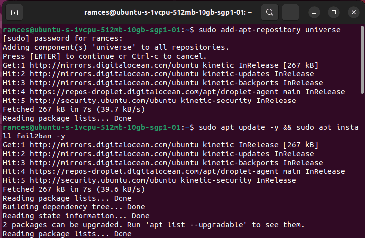 A terminal window showing the installation process for Fail2ban.