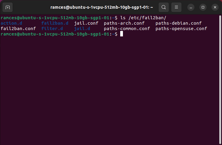 A terminal window showing the contents of the Fail2ban directory.