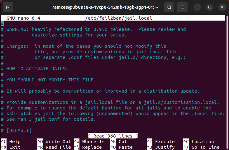 A terminal window showing the new jail.local file.