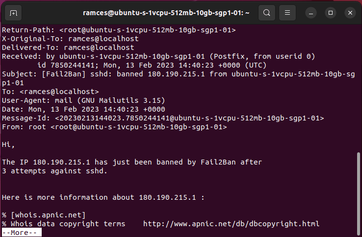 A terminal window that shows a mail notification from Fail2ban.