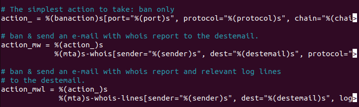 A section of a terminal that shows the default actions for Fail2ban.