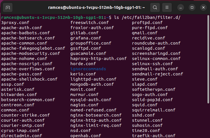 A terminal window showing the filter files available for Fail2ban.