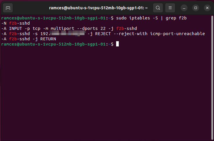 A terminal window showing a rejected IP address in iptables.