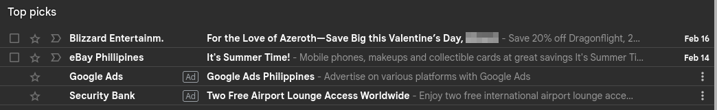 A screenshot of a GMail inbox with advertisements.