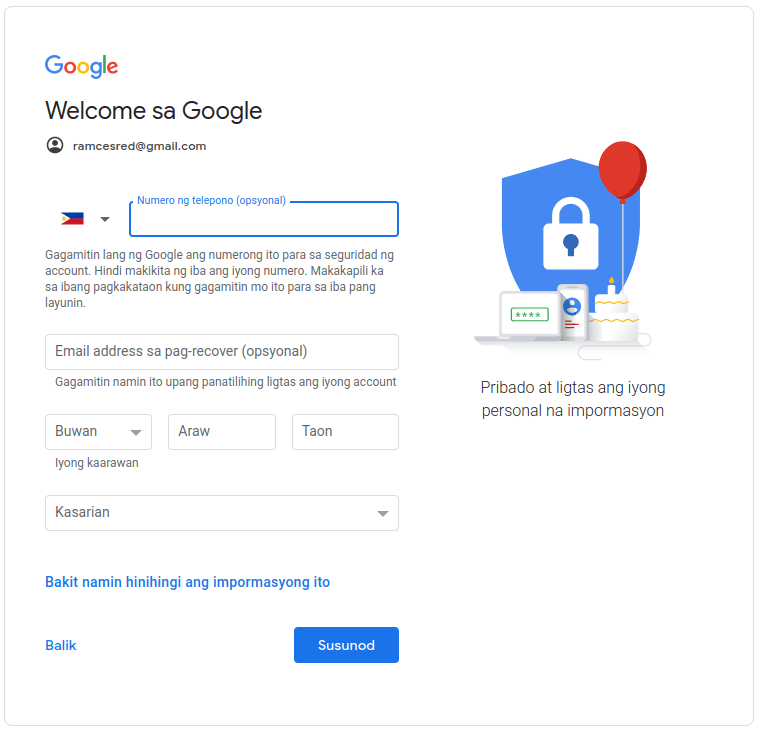 A screenshot of the Gmail account creation where it asks for a phone number.
