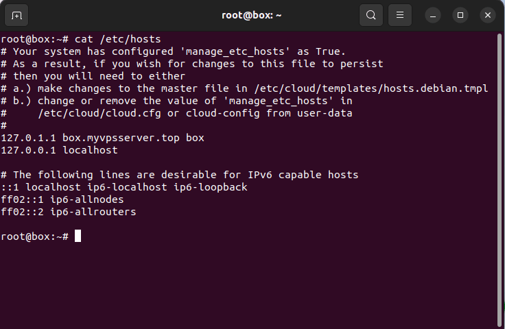 A terminal window showing the contents of /etc/hosts