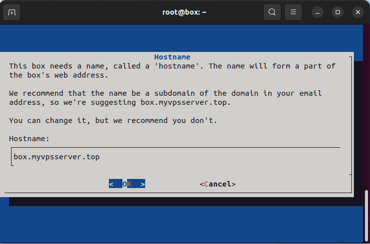 A terminal window showing the system's current hostname in full.