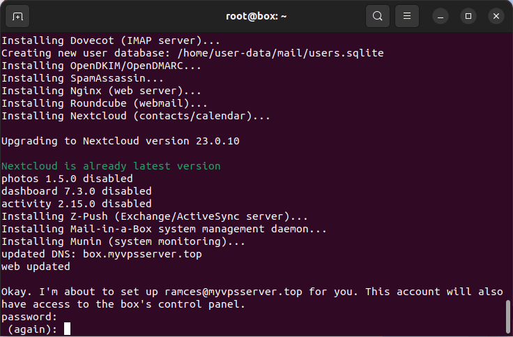 A terminal window showing the password prompt for the new email account.