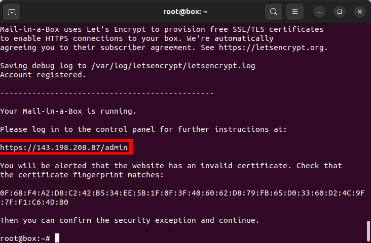 A terminal window showing the administrator address for the server.
