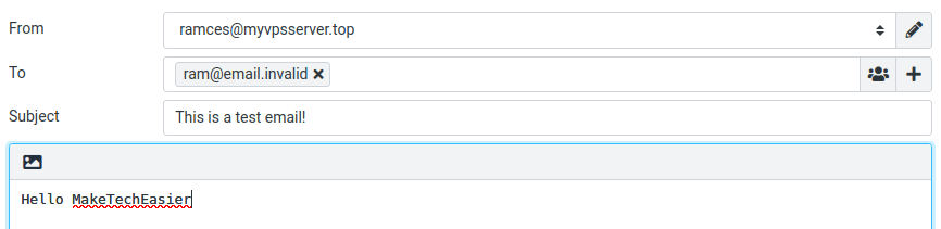A screenshot showing a test email being sent to a test address.