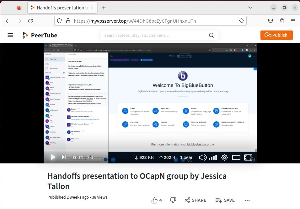 A screenshot of a web browser showing a Peertube page playing remote video.