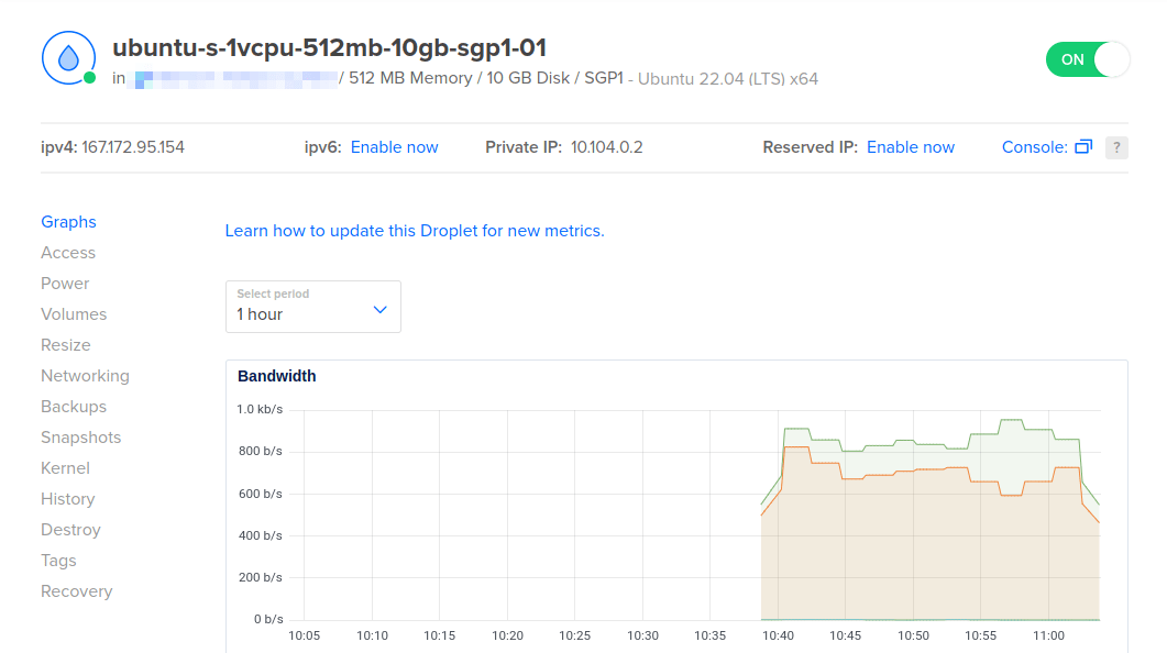 A section of a Digitalocean page showing the Peertube droplet.
