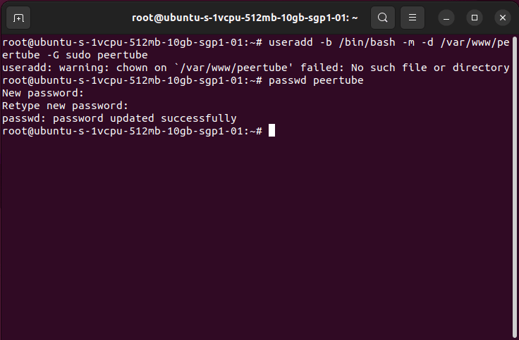 A terminal window showing the user creation process for Peertube.