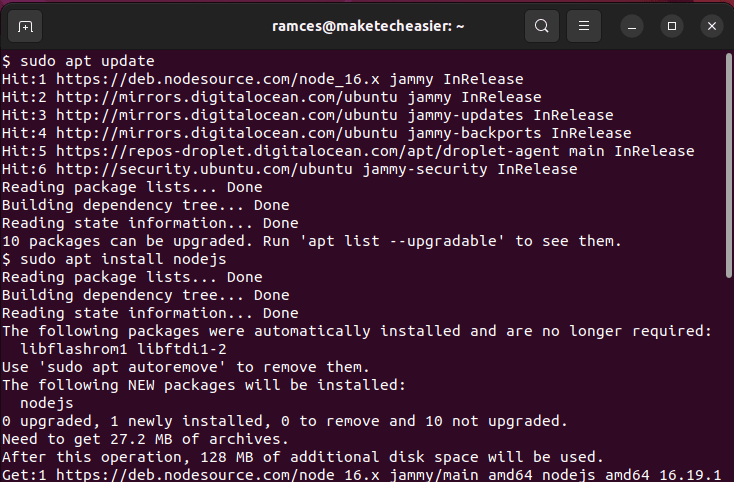 A terminal window showing the installation process for NodeJS.