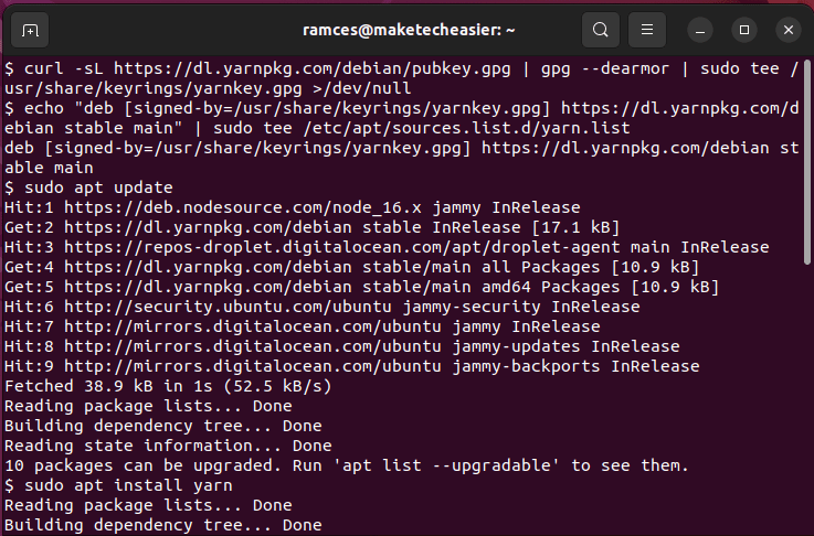 A terminal window showing the installation process for Yarn.