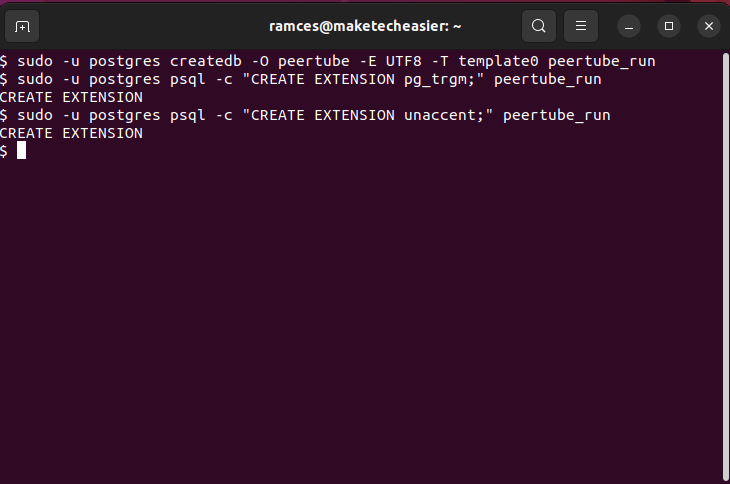 A terminal window showing the database creation in PostgreSQL.