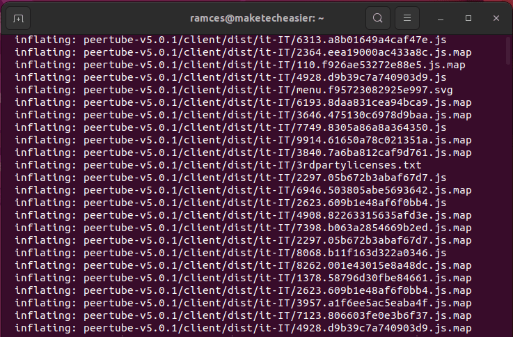 A terminal window showing the unzipping process for Peertube.