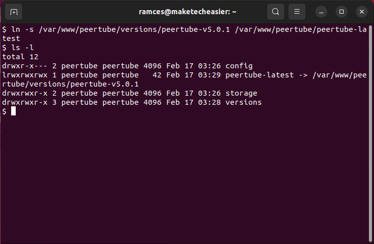 A terminal window showing the creation of symbolic links for Peertube.