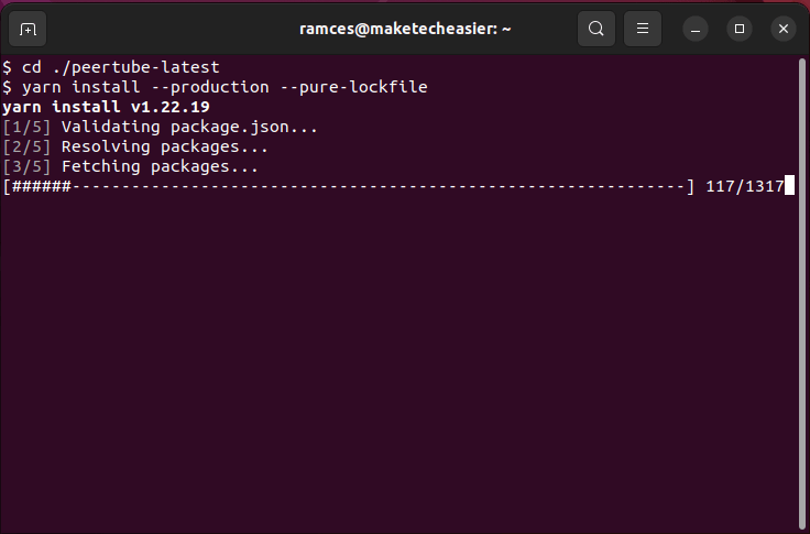 A terminal window showing the Peertube installation through Yarn.