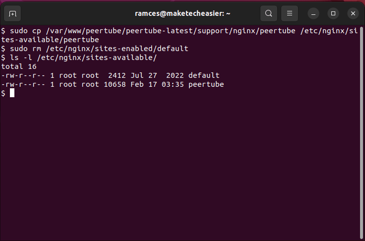 A terminal window showing a copy command from Peertube to Nginx.