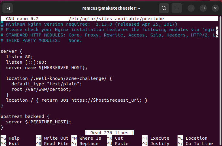 A terminal window showing the template file for Peertube.