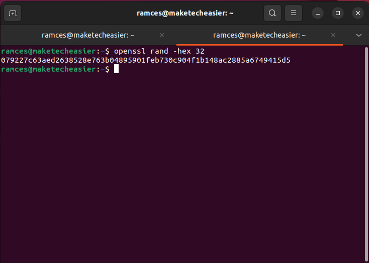 A terminal window showing a randomly generated string of characters.