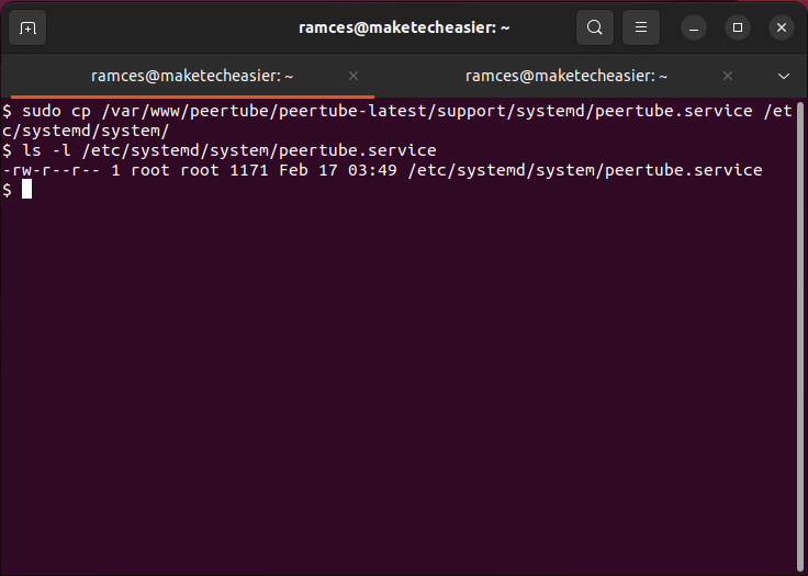 A terminal window that shows the template service file being copied to the system.