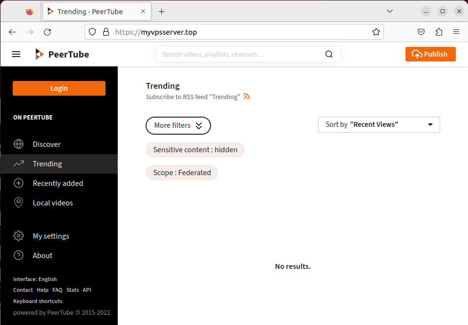 A browser screenshot showing a Peertube instance's first run.