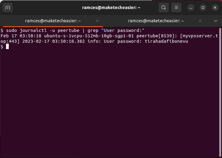 A terminal window that show the randomly generated password for this instance.