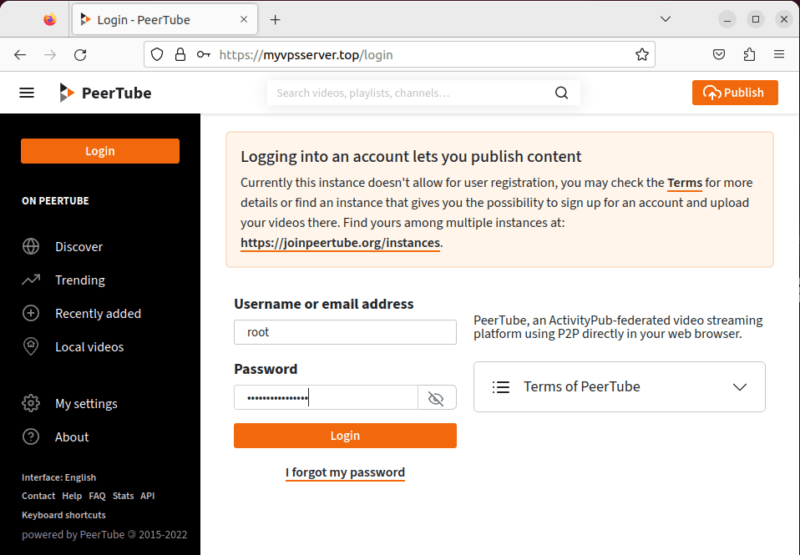 A screenshot of a web browser showing the login page for Peertube.
