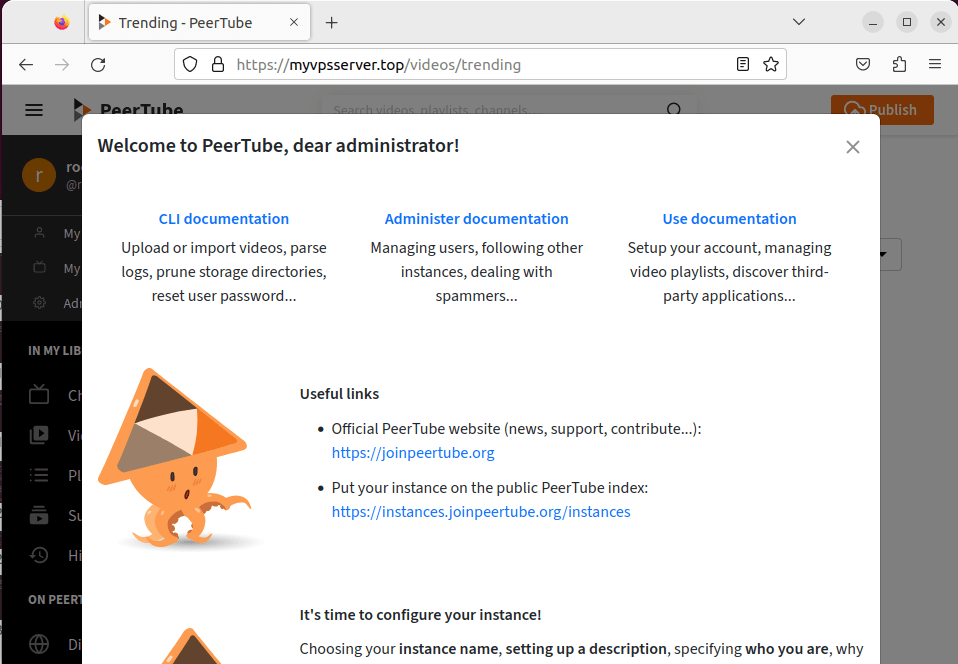 A screenshot of a web browser that shows the initial login message for Peertube.