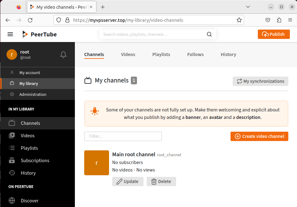 A screenshot of a web browser that shows the Peertube dashboard.