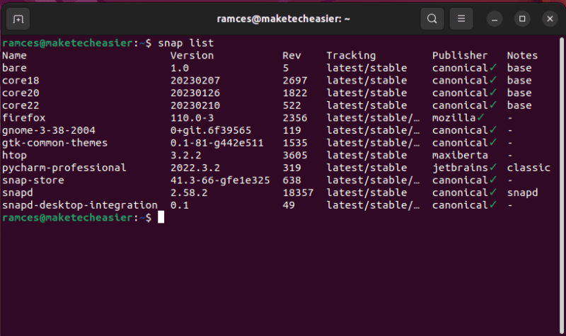 A terminal window showing all the installed snap packages.