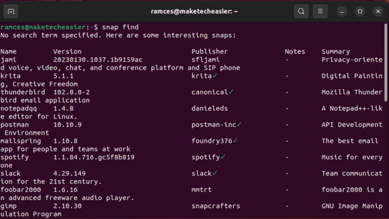 A terminal window showing a list of popular snap packages.