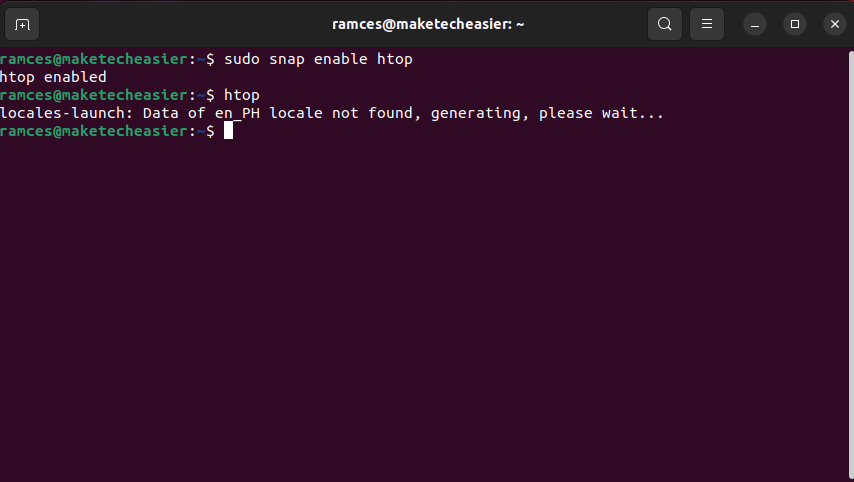 A terminal window showing the htop package re-enabled.