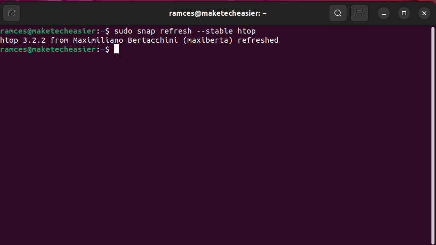 A terminal window showing the htop package refreshing to the stable version.