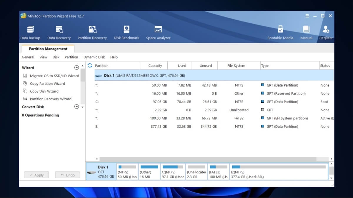 MiniTool Partition Wizard tool overview. 