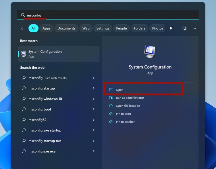 Typing "msconfig" in Windows Search.