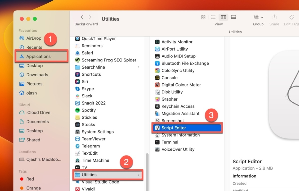 Navigate To Applications Click The Utilities Folder And Launch The Scripteditor