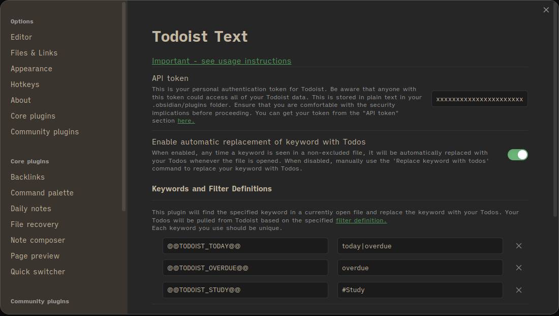 Todoist Text plugin overview in Obsidian.