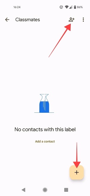 "Add contacts" button under label in Google Contacts app.