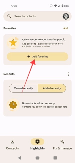 "Add favorites" in Google Contacts app.