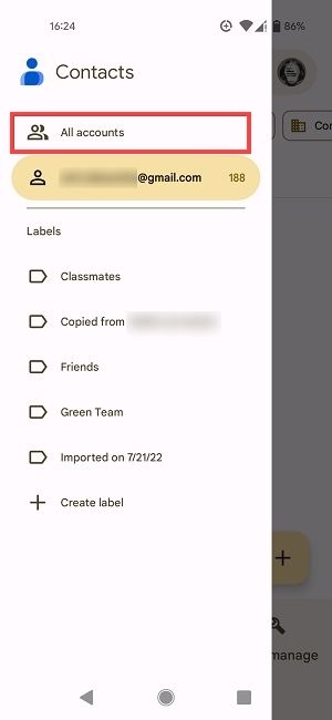 "All accounts" option in Google Contacts app.