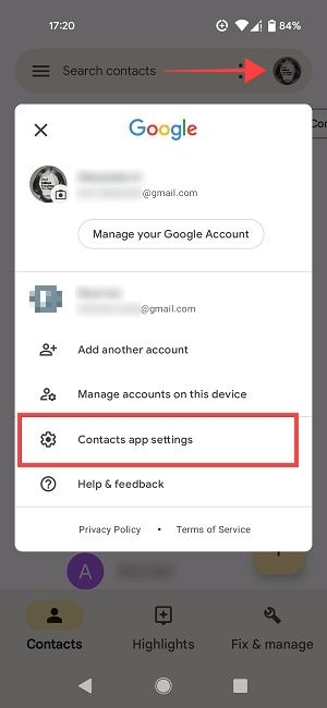 Selecting "Contacts app settings" in Google Contacts app.