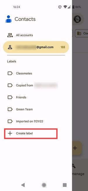 Existing labels view in Google Contacts app.